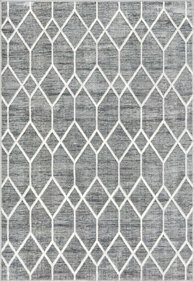 Gray 6' 1 x 9' Matrix Trellis Rectangle Area Rug 100% Polyester Geometric Pattern Modern Carpet for Living, Dining, Bedroom, Office for Sale at Rug Engine