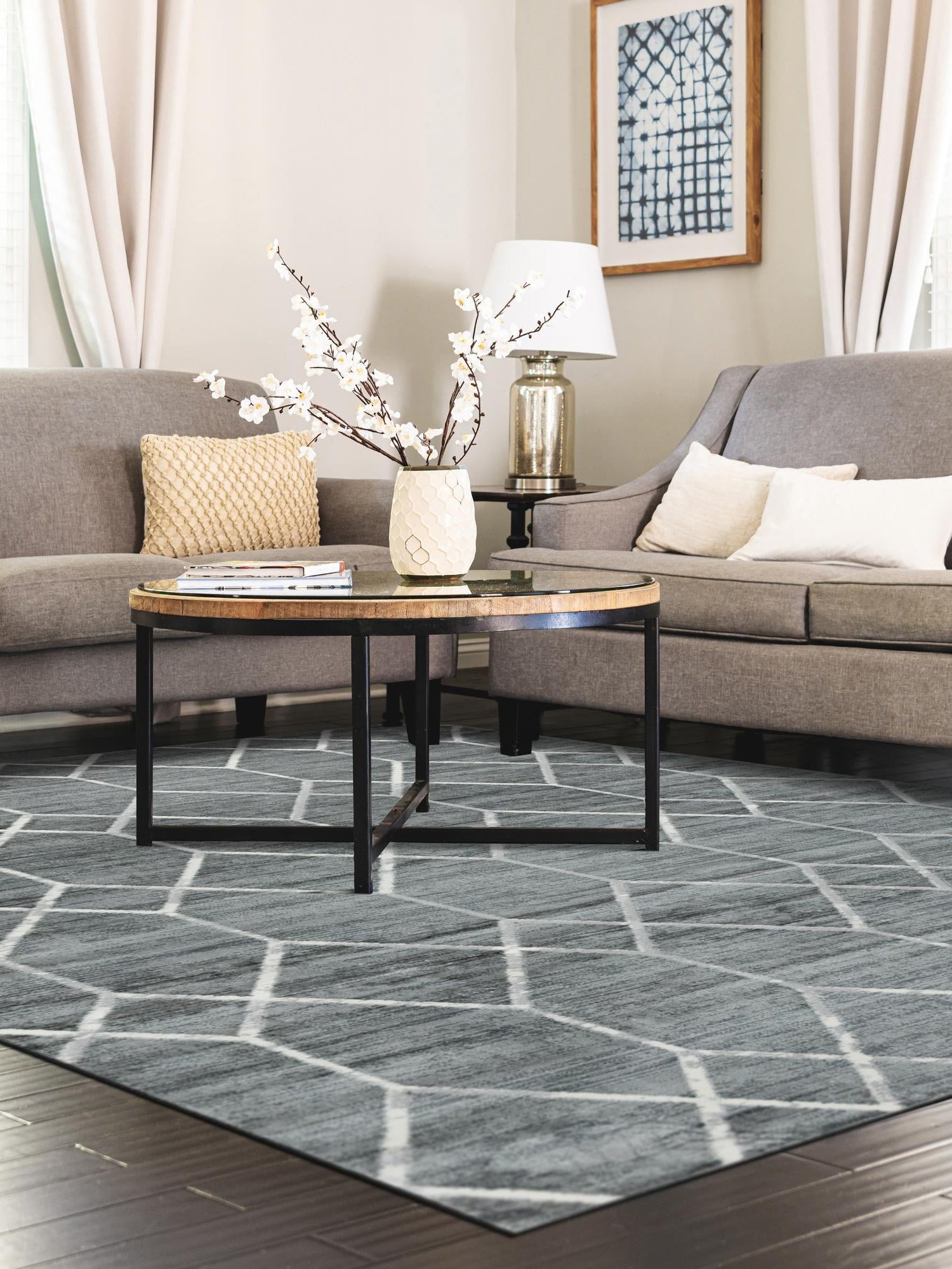 Gray 6' 1 x 9' Matrix Trellis Rectangle Area Rug 100% Polyester Geometric Pattern Modern Carpet for Living, Dining, Bedroom, Office for Sale at Rug Engine