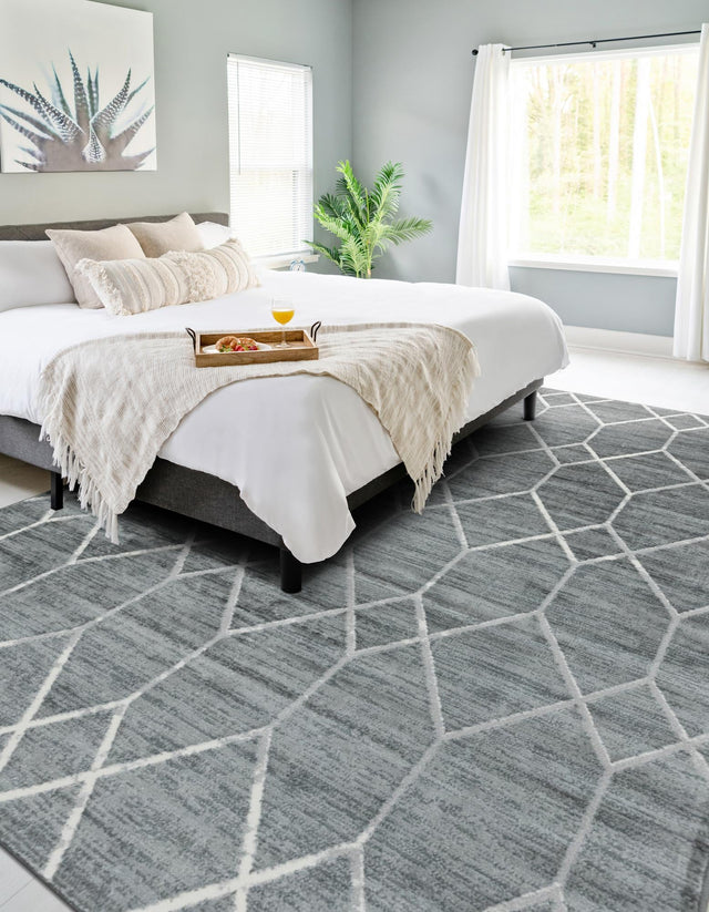 Gray 9' x 12' 2 Matrix Trellis Rectangle Area Rug 100% Polyester Geometric Pattern Modern Carpet for Living, Dining, Bedroom, Office for Sale at Rug Engine