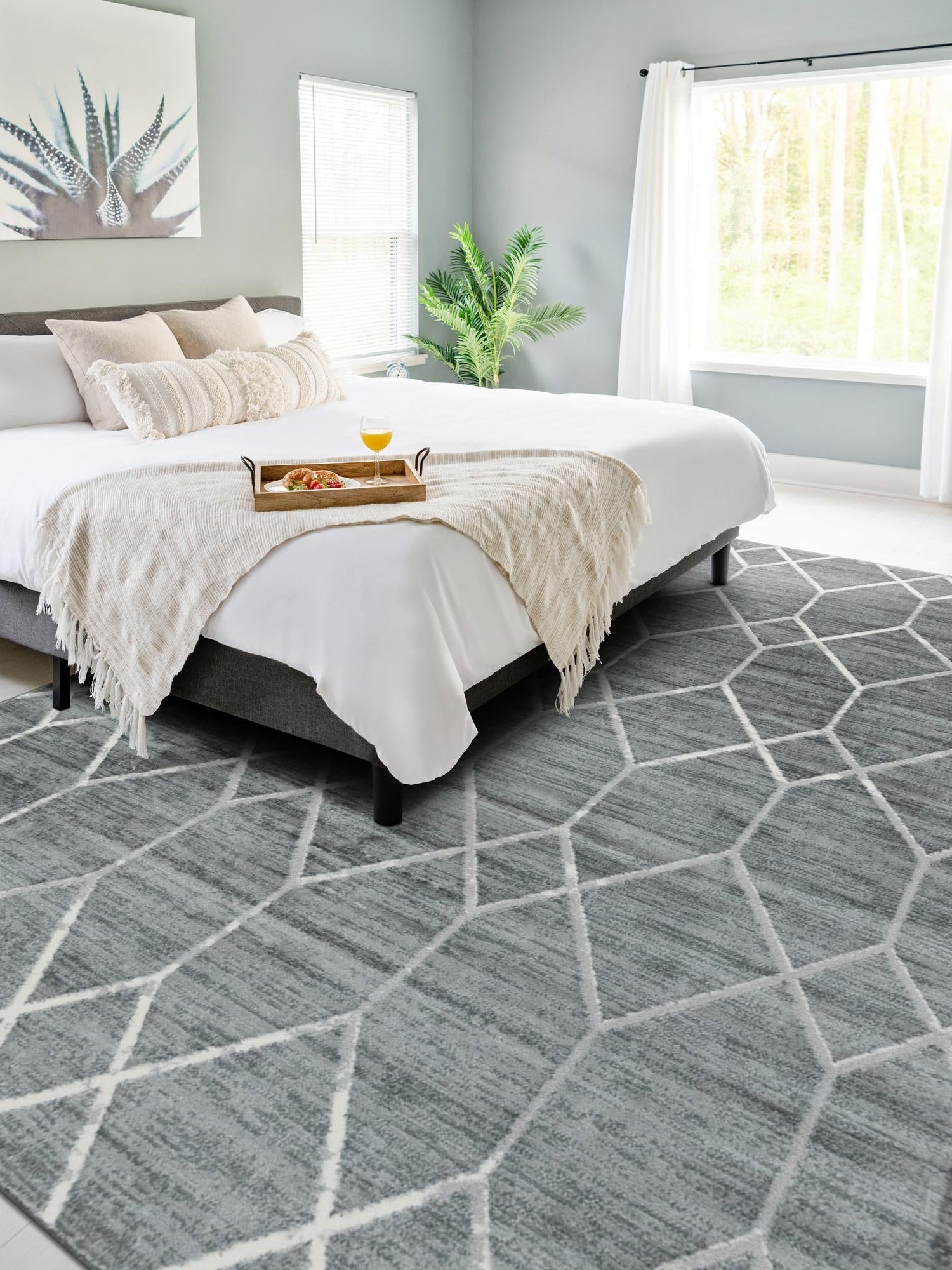 Gray 7' 1 x 10' Matrix Trellis Rectangle Area Rug 100% Polyester Geometric Pattern Modern Carpet for Living, Dining, Bedroom, Office for Sale at Rug Engine