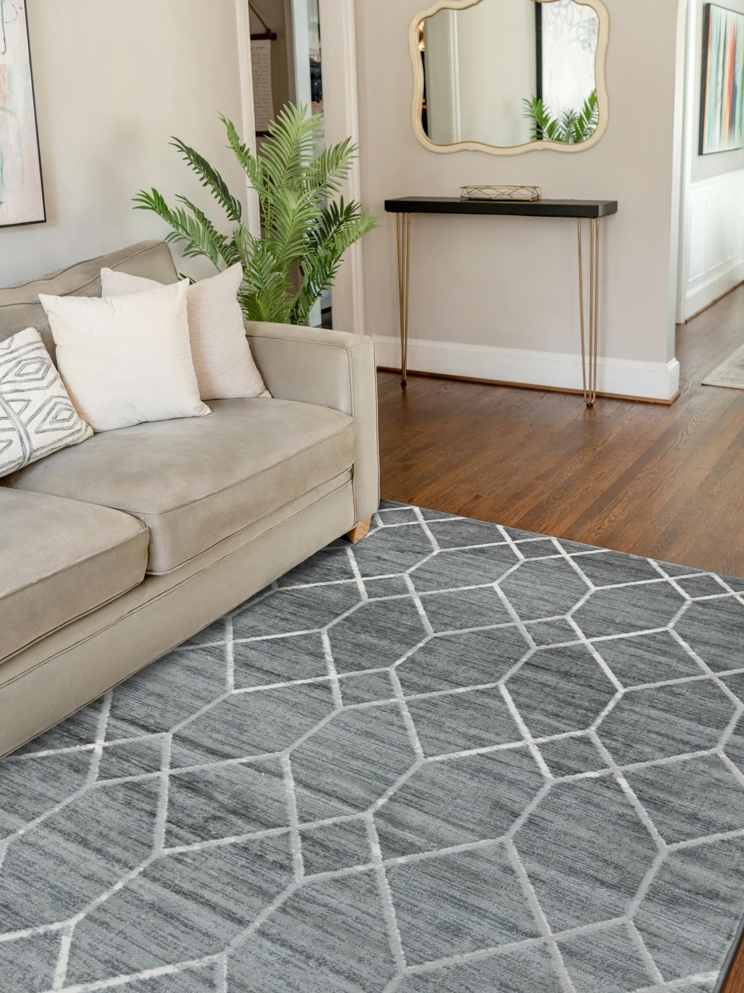 Gray 8' x 10' Matrix Trellis Rectangle Area Rug 100% Polyester Geometric Pattern Modern Carpet for Living, Dining, Bedroom, Office for Sale at Rug Engine