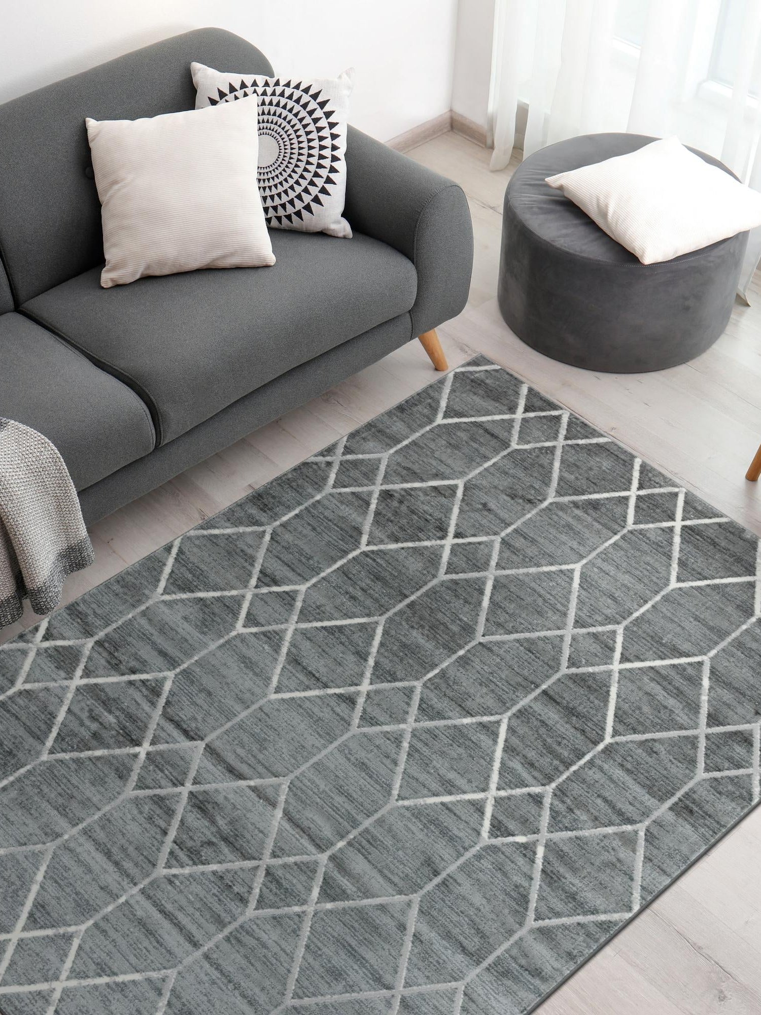 Gray 6' 1 x 9' Matrix Trellis Rectangle Area Rug 100% Polyester Geometric Pattern Modern Carpet for Living, Dining, Bedroom, Office for Sale at Rug Engine