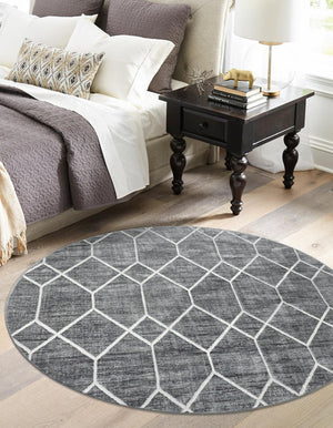 Gray 7' x 7' Matrix Trellis Round Area Rug 100% Polyester Geometric Pattern Modern Carpet for Living, Dining, Bedroom, Office for Sale at Rug Engine