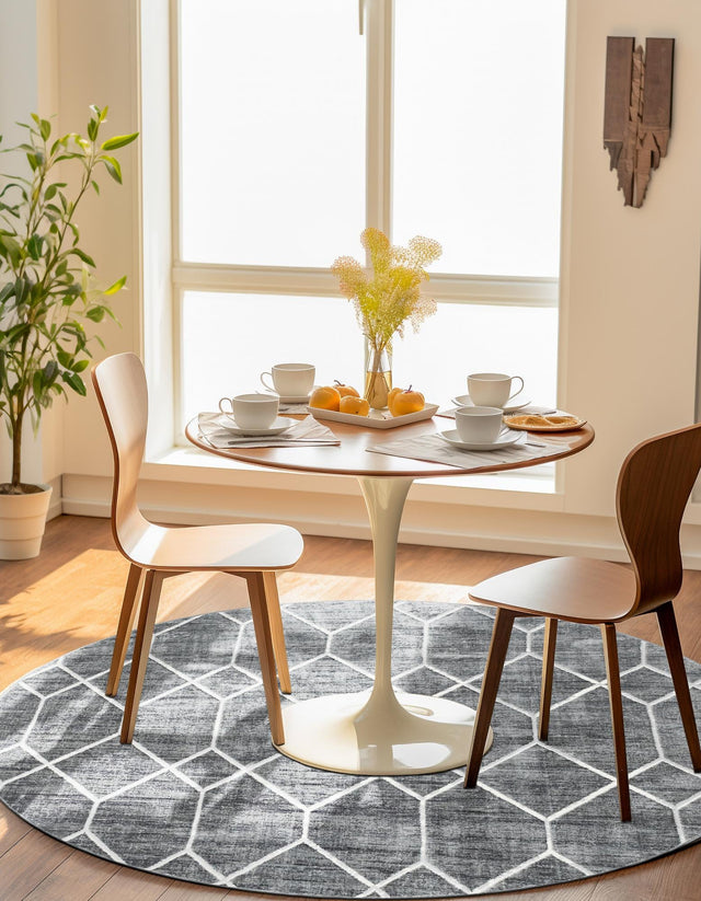 Gray 5' x 5' Matrix Trellis Round Area Rug 100% Polyester Geometric Pattern Modern Carpet for Living, Dining, Bedroom, Office for Sale at Rug Engine
