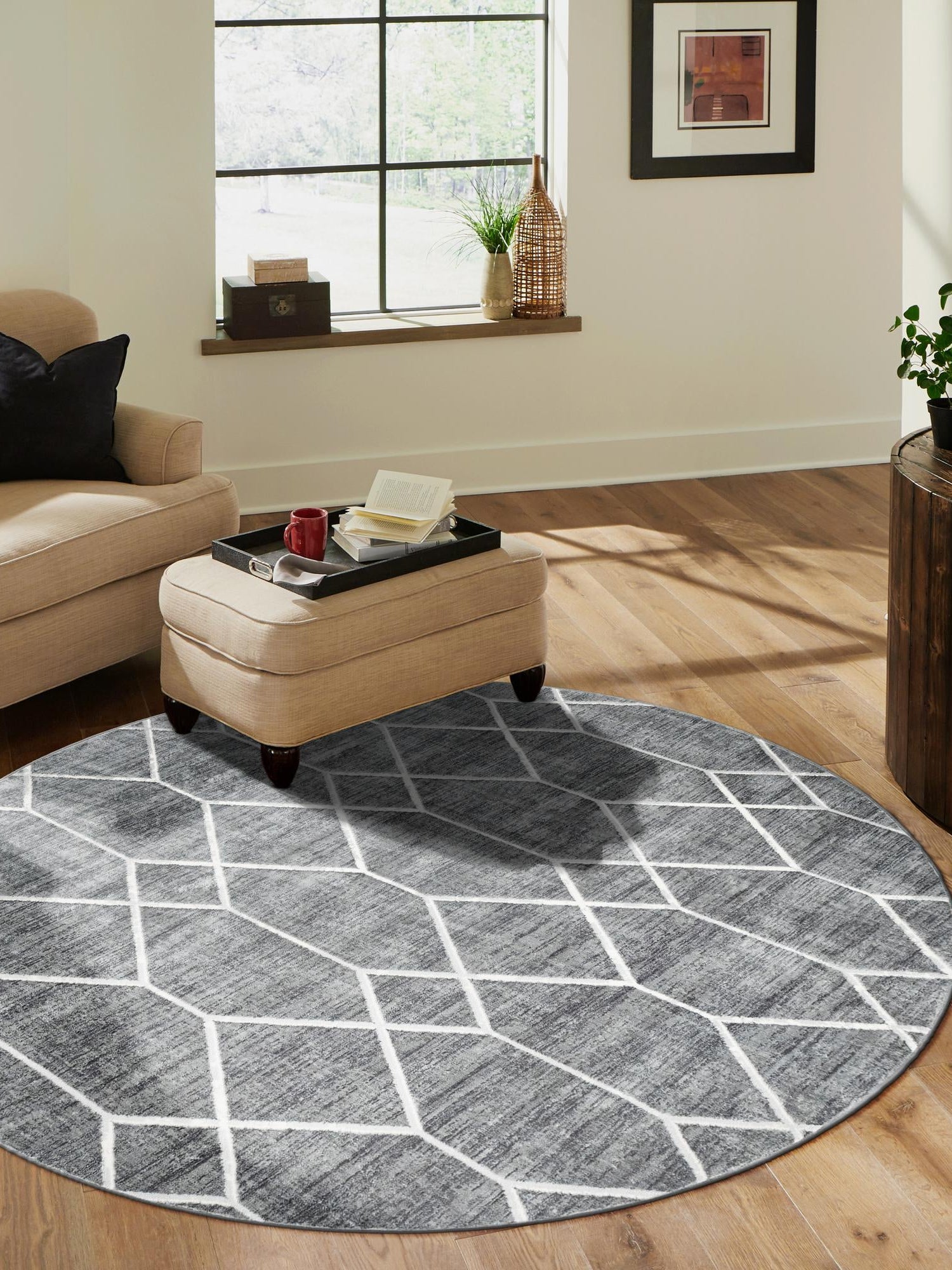 Gray 5' x 5' Matrix Trellis Round Area Rug 100% Polyester Geometric Pattern Modern Carpet for Living, Dining, Bedroom, Office for Sale at Rug Engine