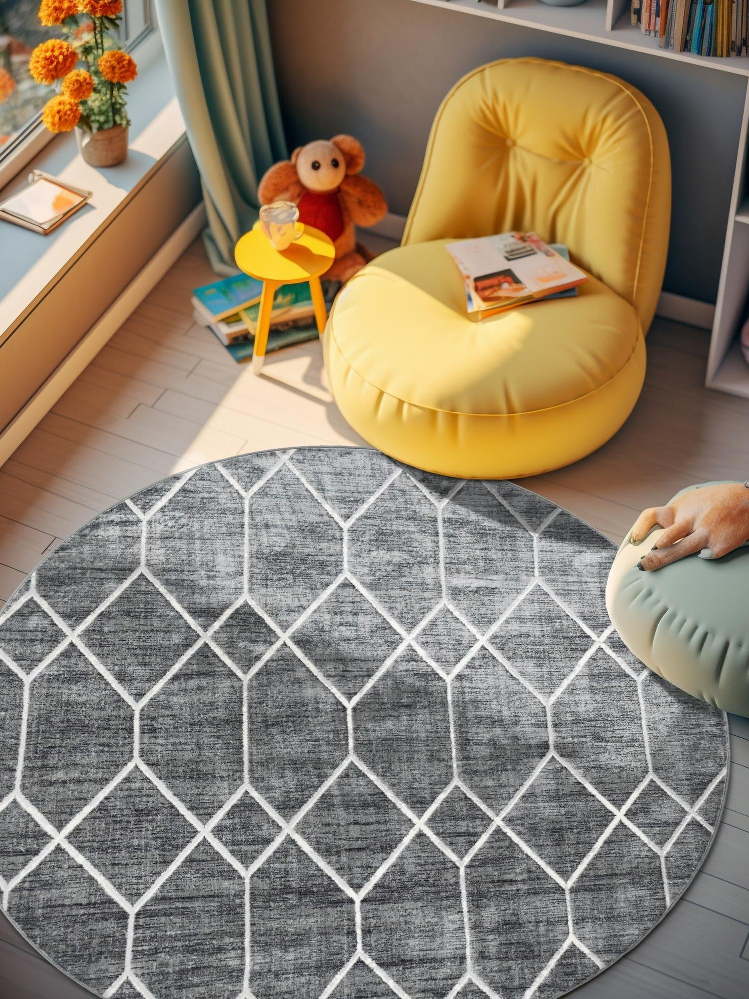 Gray 5' x 5' Matrix Trellis Round Area Rug 100% Polyester Geometric Pattern Modern Carpet for Living, Dining, Bedroom, Office for Sale at Rug Engine