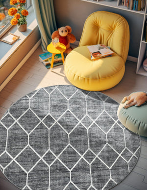 Gray 5' x 5' Matrix Trellis Round Area Rug 100% Polyester Geometric Pattern Modern Carpet for Living, Dining, Bedroom, Office for Sale at Rug Engine