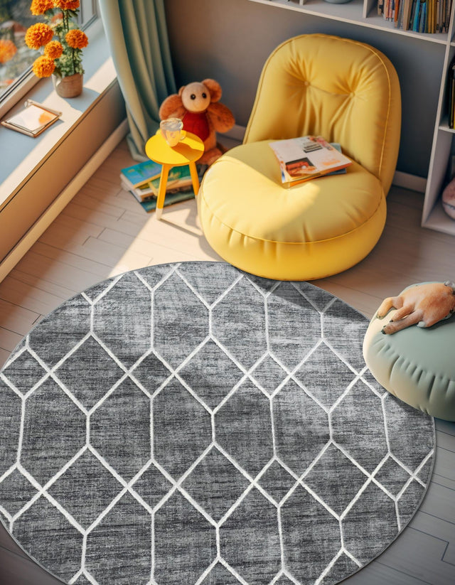 Gray 5' x 5' Matrix Trellis Round Area Rug 100% Polyester Geometric Pattern Modern Carpet for Living, Dining, Bedroom, Office for Sale at Rug Engine