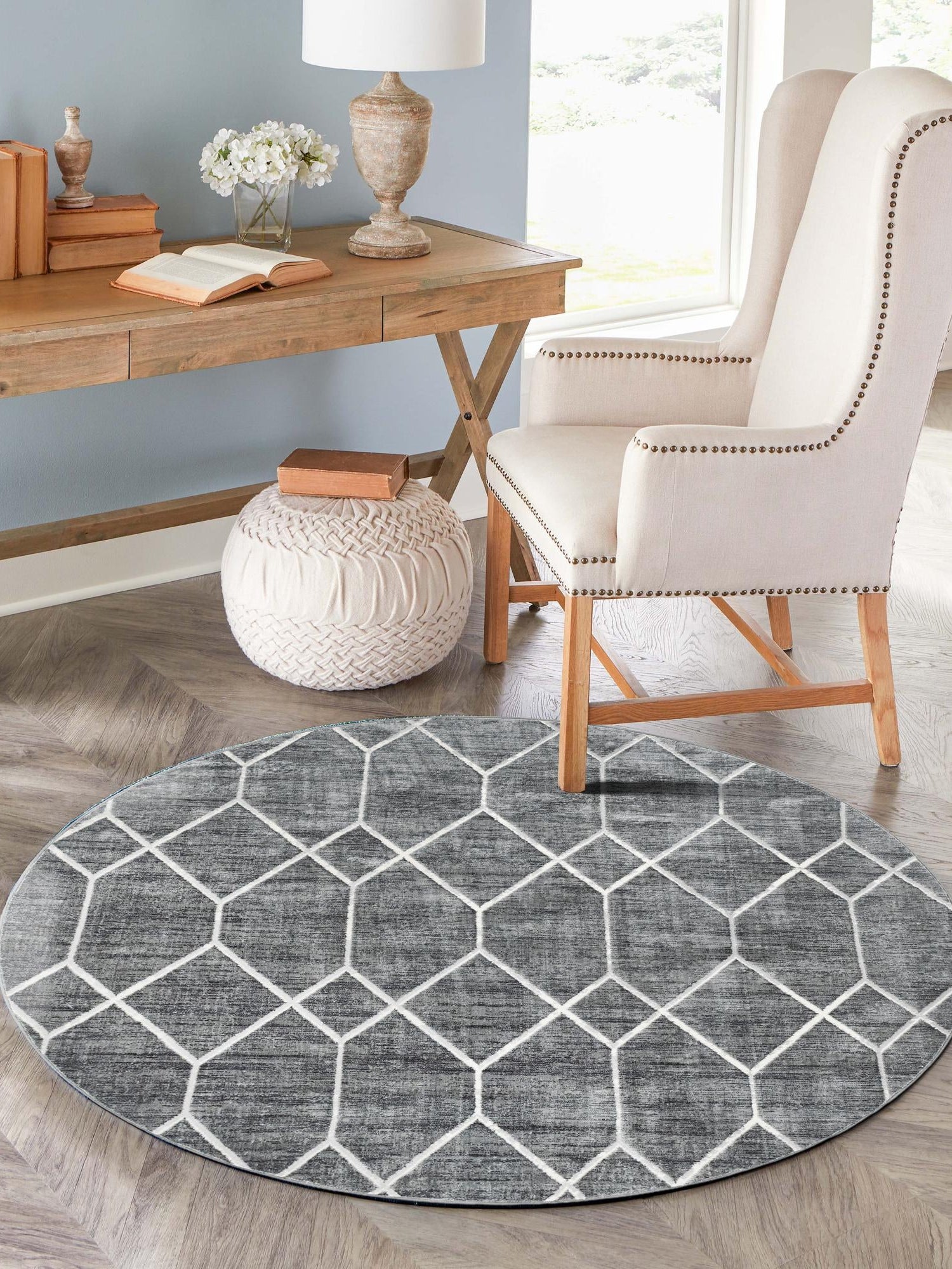Gray 5' x 5' Matrix Trellis Round Area Rug 100% Polyester Geometric Pattern Modern Carpet for Living, Dining, Bedroom, Office for Sale at Rug Engine