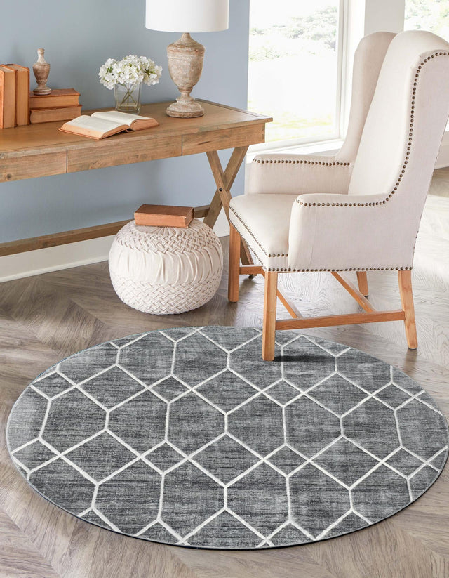 Gray 5' x 5' Matrix Trellis Round Area Rug 100% Polyester Geometric Pattern Modern Carpet for Living, Dining, Bedroom, Office for Sale at Rug Engine