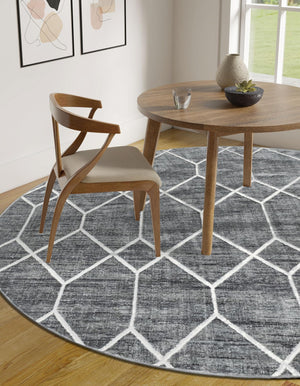 Gray 8' x 8' Matrix Trellis Round Area Rug 100% Polyester Geometric Pattern Modern Carpet for Living, Dining, Bedroom, Office for Sale at Rug Engine