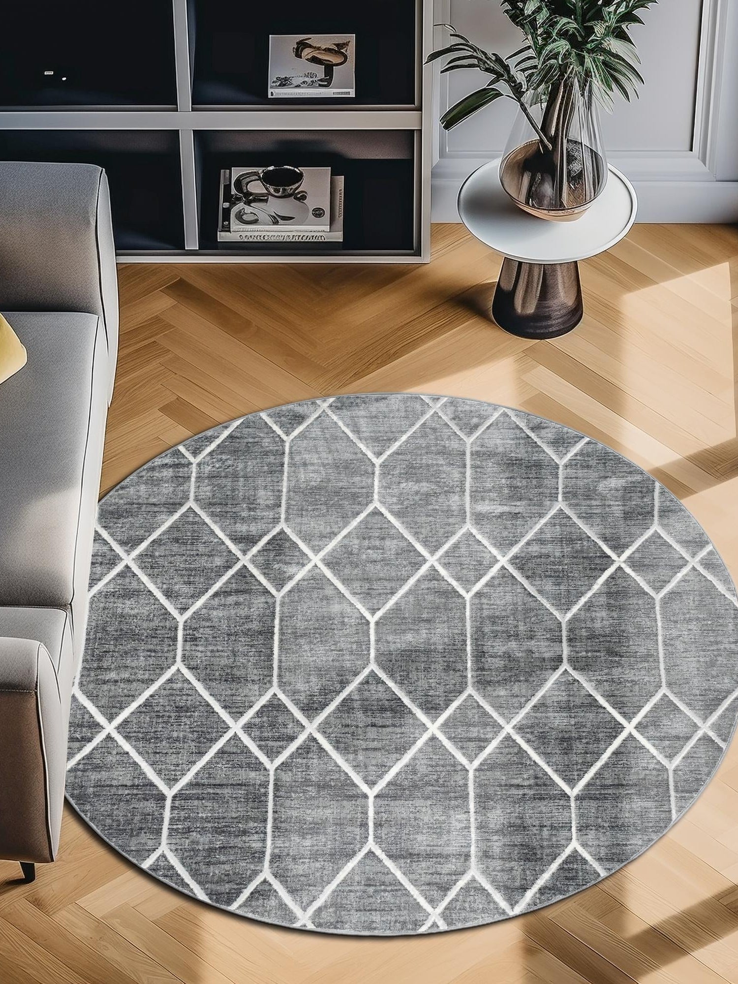 Gray 8' x 8' Matrix Trellis Round Area Rug 100% Polyester Geometric Pattern Modern Carpet for Living, Dining, Bedroom, Office for Sale at Rug Engine