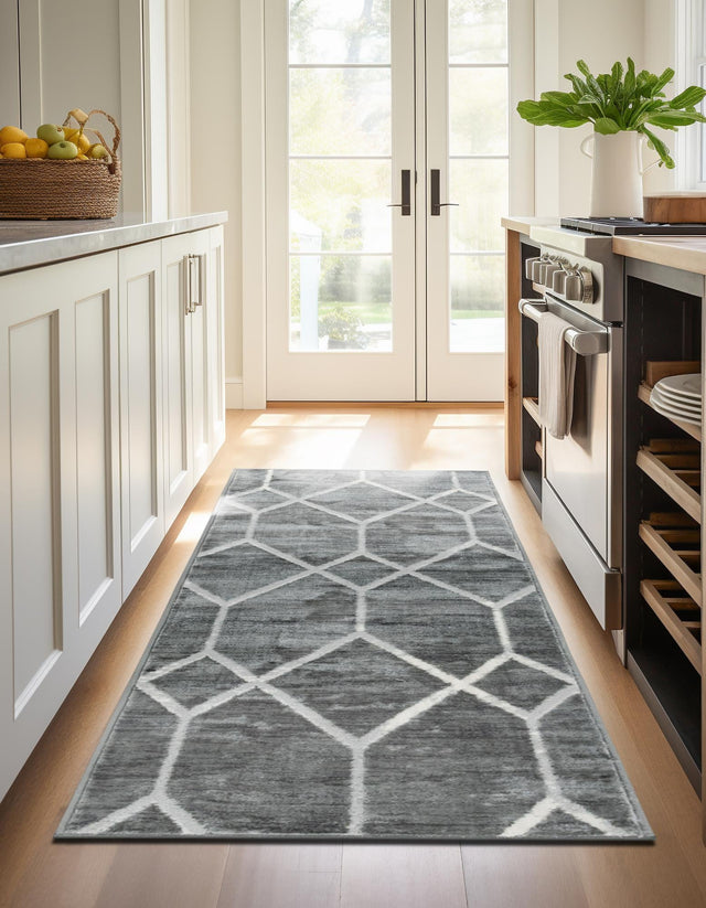 Gray 2' x 8' Matrix Trellis Runner Area Rug 100% Polyester Geometric Pattern Modern Carpet for Living, Dining, Bedroom, Office for Sale at Rug Engine