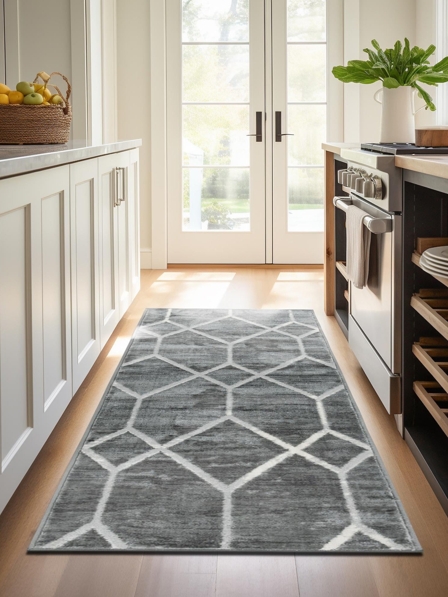 Gray 3' x 10' Matrix Trellis Runner Area Rug 100% Polyester Geometric Pattern Modern Carpet for Living, Dining, Bedroom, Office for Sale at Rug Engine