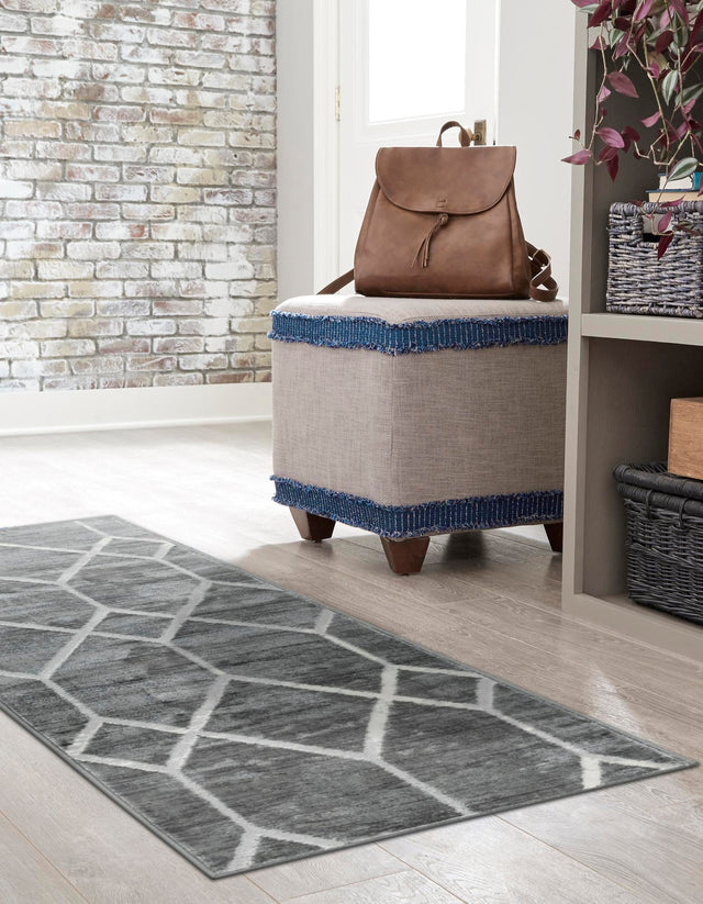 Gray 2' 7 x 16' 5 Matrix Trellis Runner Area Rug 100% Polyester Geometric Pattern Modern Carpet for Living, Dining, Bedroom, Office for Sale at Rug Engine