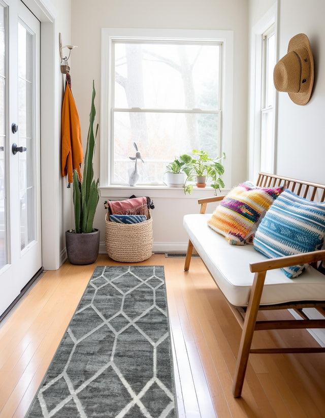 Gray 2' 11 x 19' 8 Matrix Trellis Runner Area Rug 100% Polyester Geometric Pattern Modern Carpet for Living, Dining, Bedroom, Office for Sale at Rug Engine