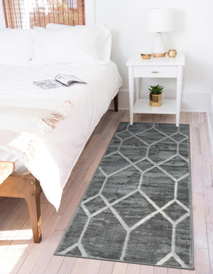 Gray 2' 11 x 19' 8 Matrix Trellis Runner Area Rug 100% Polyester Geometric Pattern Modern Carpet for Living, Dining, Bedroom, Office for Sale at Rug Engine