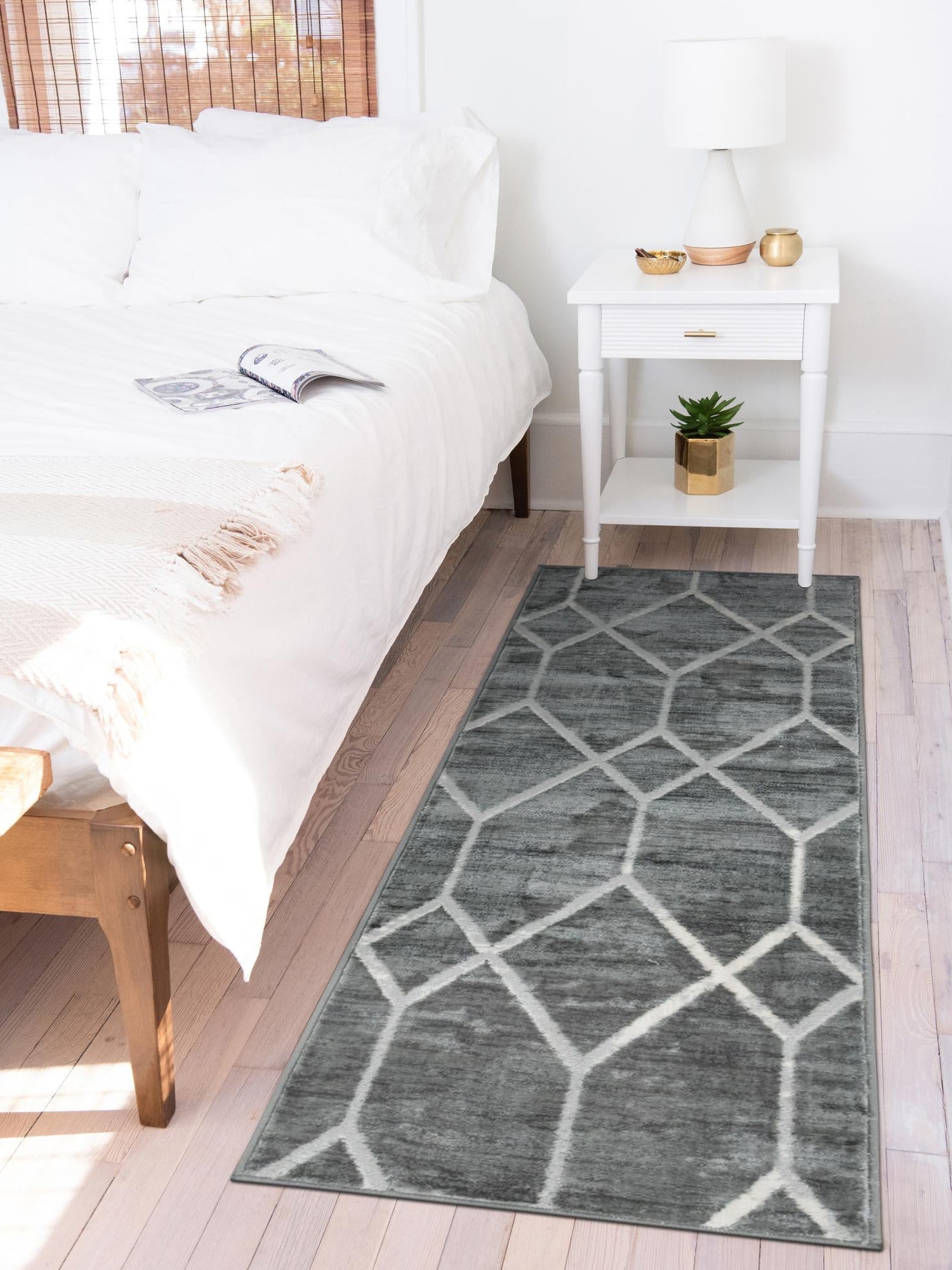 Gray 3' x 10' Matrix Trellis Runner Area Rug 100% Polyester Geometric Pattern Modern Carpet for Living, Dining, Bedroom, Office for Sale at Rug Engine