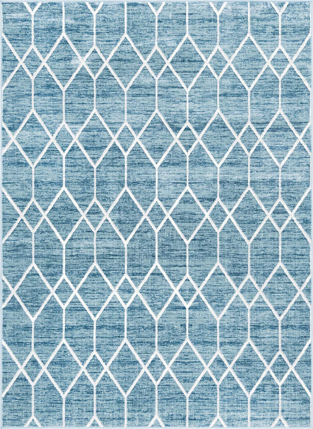 Blue 7' 1 x 10' Matrix Trellis Rectangle Area Rug 100% Polyester Geometric Pattern Modern Carpet for Living, Dining, Bedroom, Office for Sale at Rug Engine
