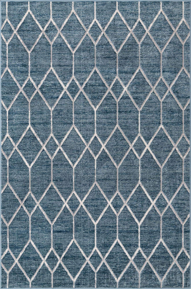 Blue 6' 1 x 9' Matrix Trellis Rectangle Area Rug 100% Polyester Geometric Pattern Modern Carpet for Living, Dining, Bedroom, Office for Sale at Rug Engine