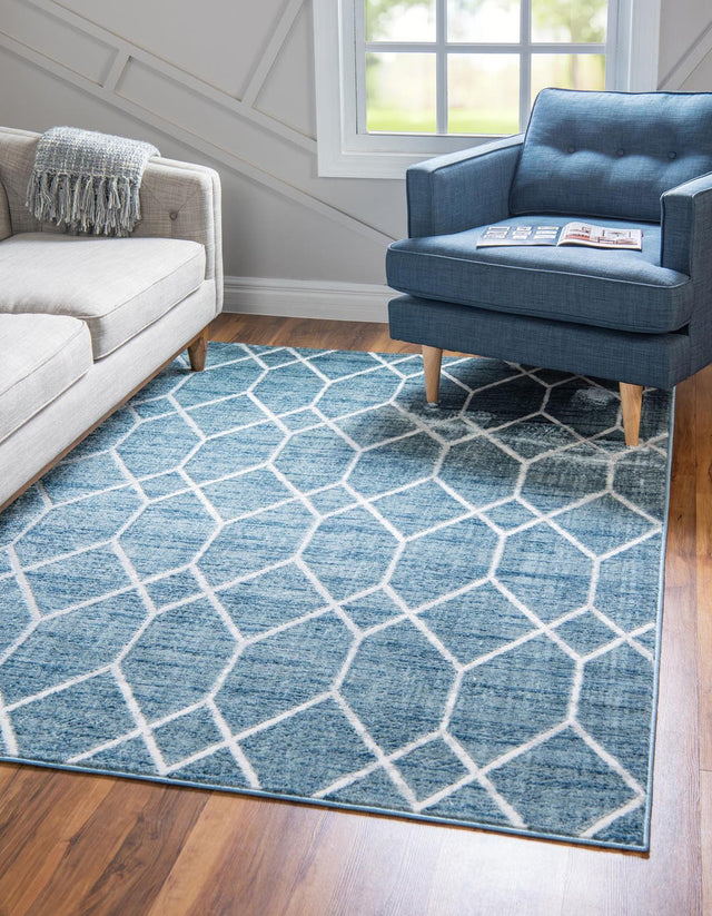 Blue 9' x 12' 2 Matrix Trellis Rectangle Area Rug 100% Polyester Geometric Pattern Modern Carpet for Living, Dining, Bedroom, Office for Sale at Rug Engine