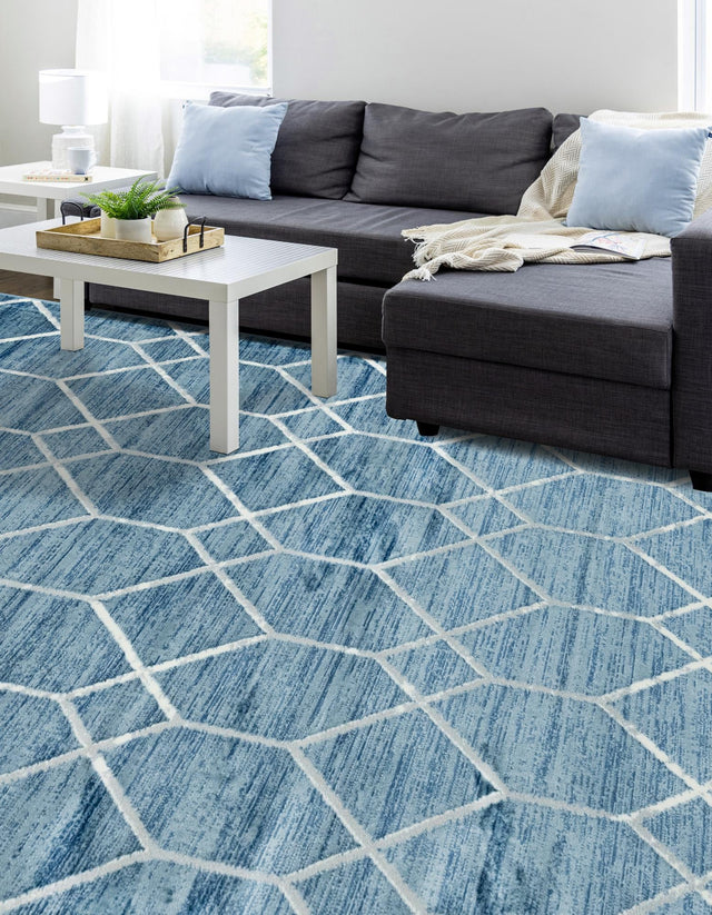 Blue 9' x 12' 2 Matrix Trellis Rectangle Area Rug 100% Polyester Geometric Pattern Modern Carpet for Living, Dining, Bedroom, Office for Sale at Rug Engine