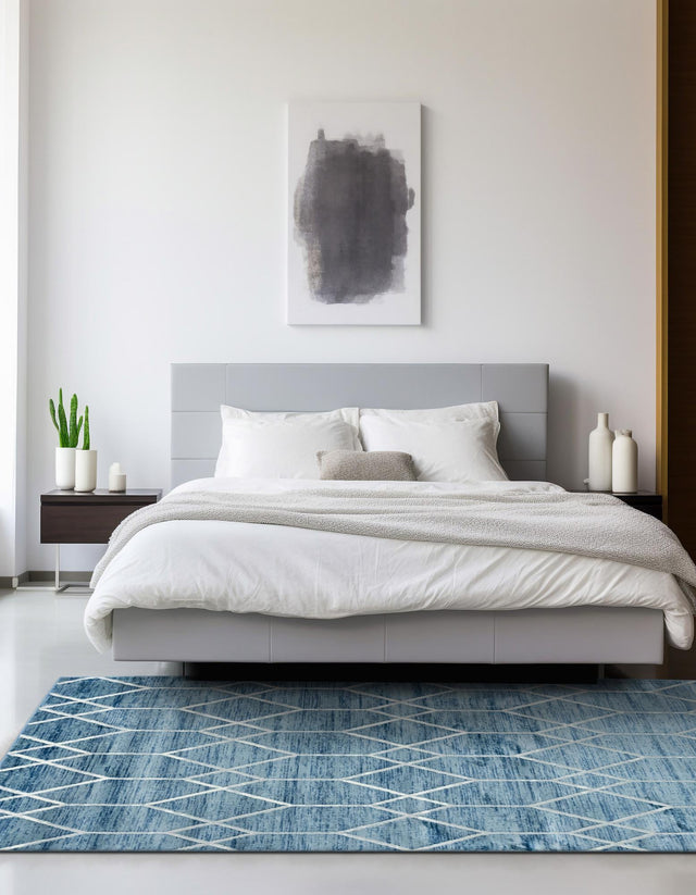 Blue 9' x 12' 2 Matrix Trellis Rectangle Area Rug 100% Polyester Geometric Pattern Modern Carpet for Living, Dining, Bedroom, Office for Sale at Rug Engine
