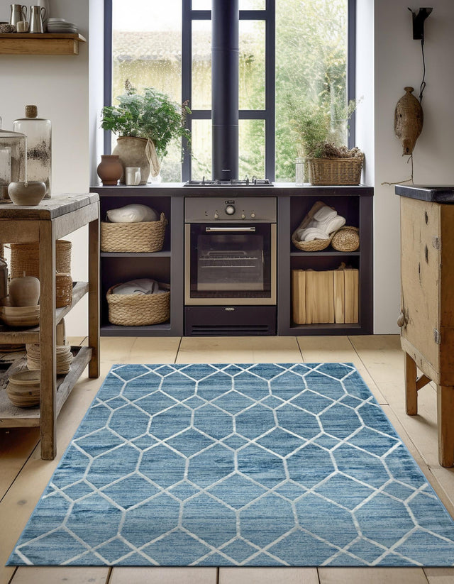 Blue 8' x 10' Matrix Trellis Rectangle Area Rug 100% Polyester Geometric Pattern Modern Carpet for Living, Dining, Bedroom, Office for Sale at Rug Engine