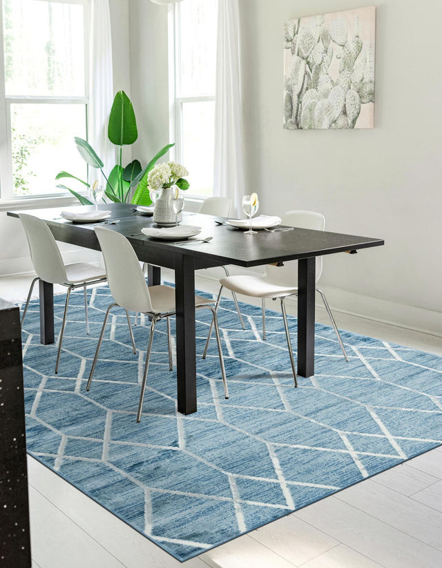 Blue 6' 1 x 9' Matrix Trellis Rectangle Area Rug 100% Polyester Geometric Pattern Modern Carpet for Living, Dining, Bedroom, Office for Sale at Rug Engine