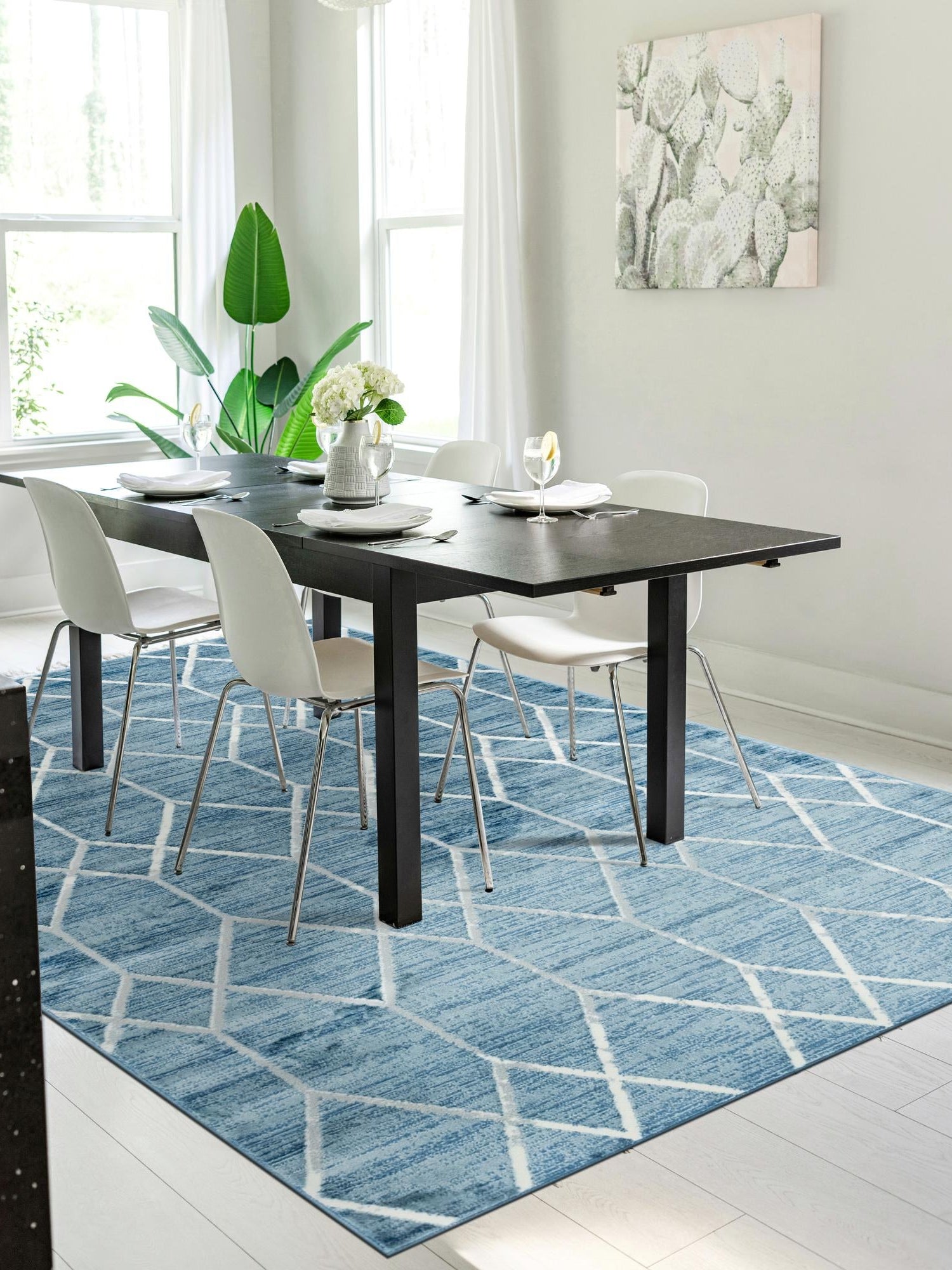 Blue 8' x 10' Matrix Trellis Rectangle Area Rug 100% Polyester Geometric Pattern Modern Carpet for Living, Dining, Bedroom, Office for Sale at Rug Engine