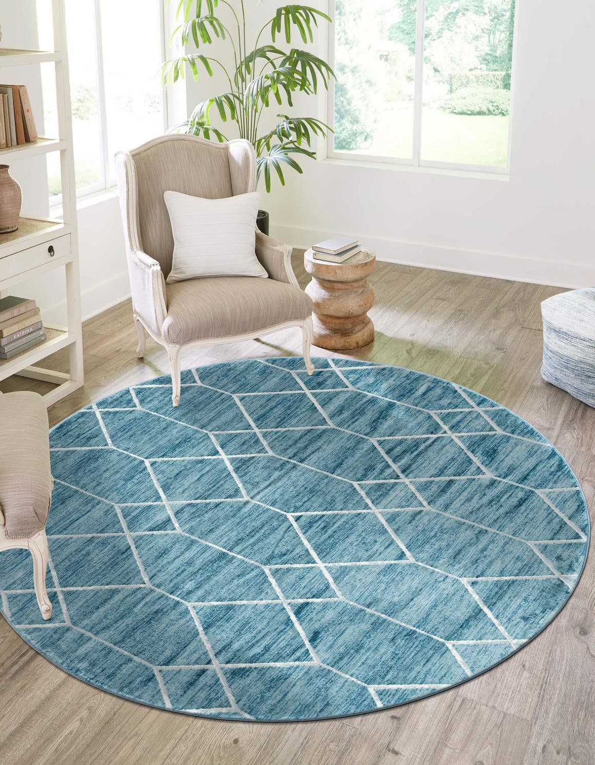 Blue 5' 1 x 5' 1 Matrix Trellis Round Area Rug 100% Polyester Geometric Pattern Modern Carpet for Living, Dining, Bedroom, Office for Sale at Rug Engine