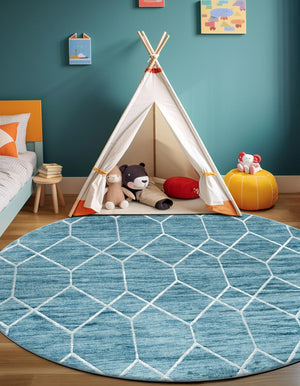 Blue 5' 1 x 5' 1 Matrix Trellis Round Area Rug 100% Polyester Geometric Pattern Modern Carpet for Living, Dining, Bedroom, Office for Sale at Rug Engine