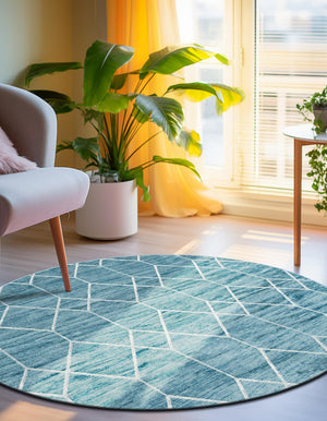 Blue 5' 1 x 5' 1 Matrix Trellis Round Area Rug 100% Polyester Geometric Pattern Modern Carpet for Living, Dining, Bedroom, Office for Sale at Rug Engine