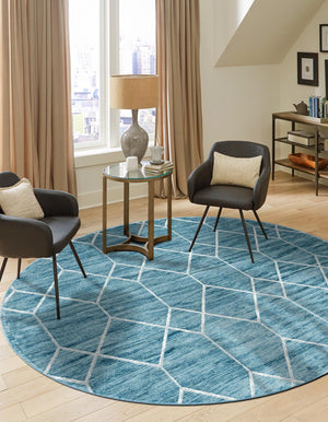 Blue 5' 1 x 5' 1 Matrix Trellis Round Area Rug 100% Polyester Geometric Pattern Modern Carpet for Living, Dining, Bedroom, Office for Sale at Rug Engine