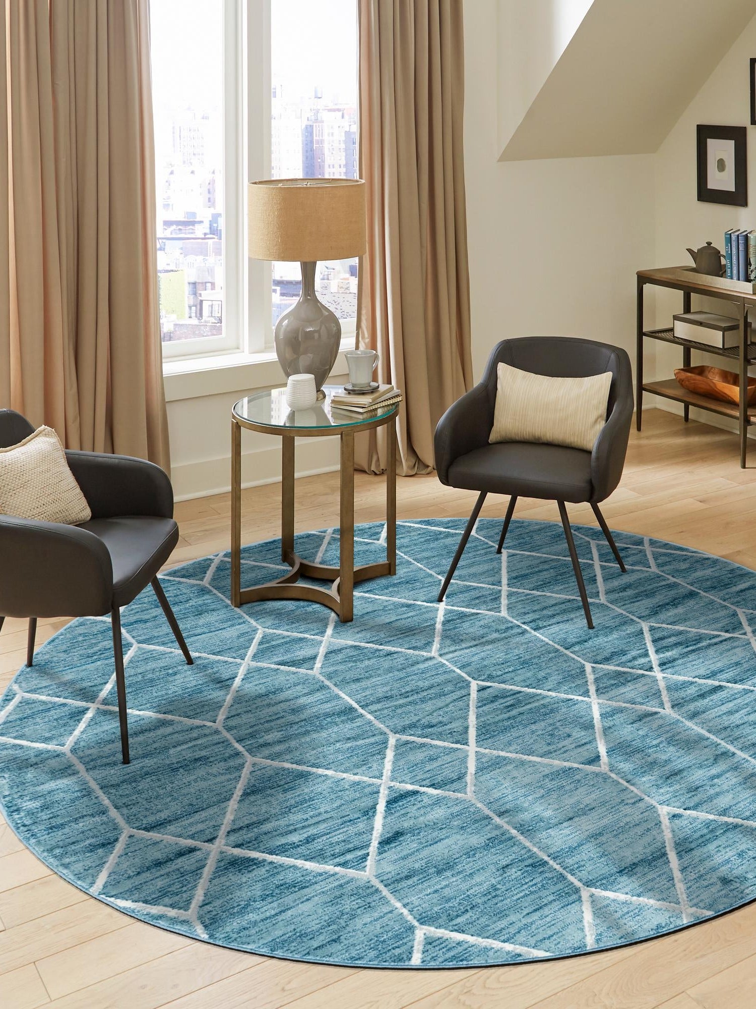 Blue 8' x 8' Matrix Trellis Round Area Rug 100% Polyester Geometric Pattern Modern Carpet for Living, Dining, Bedroom, Office for Sale at Rug Engine