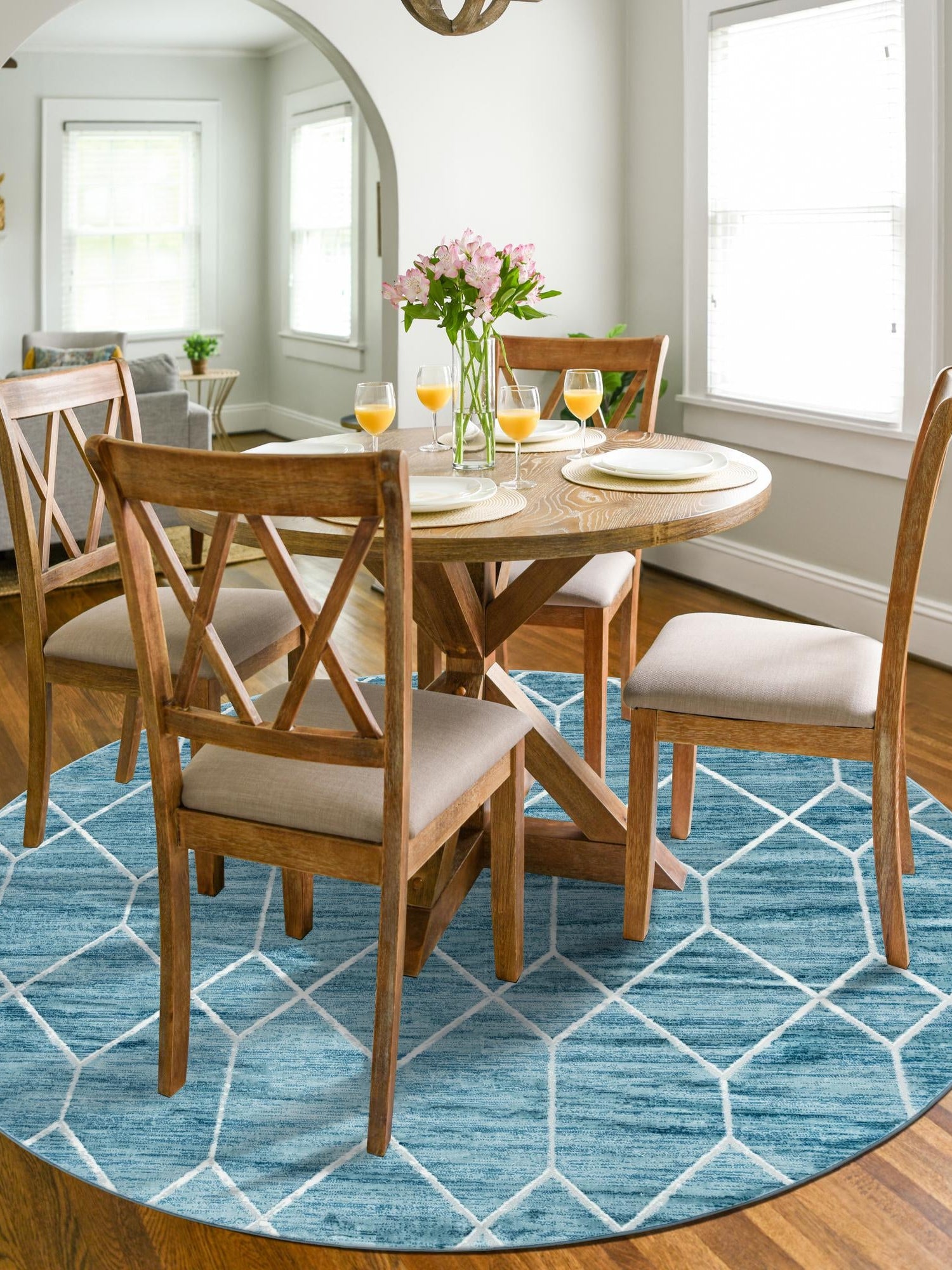 Blue 8' x 8' Matrix Trellis Round Area Rug 100% Polyester Geometric Pattern Modern Carpet for Living, Dining, Bedroom, Office for Sale at Rug Engine