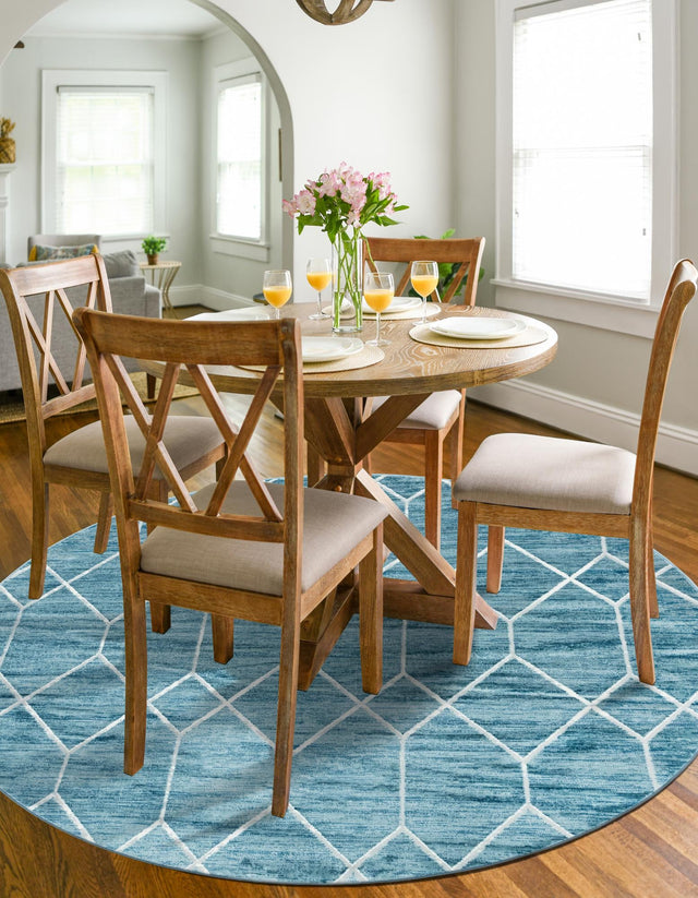 Blue 5' 1 x 5' 1 Matrix Trellis Round Area Rug 100% Polyester Geometric Pattern Modern Carpet for Living, Dining, Bedroom, Office for Sale at Rug Engine