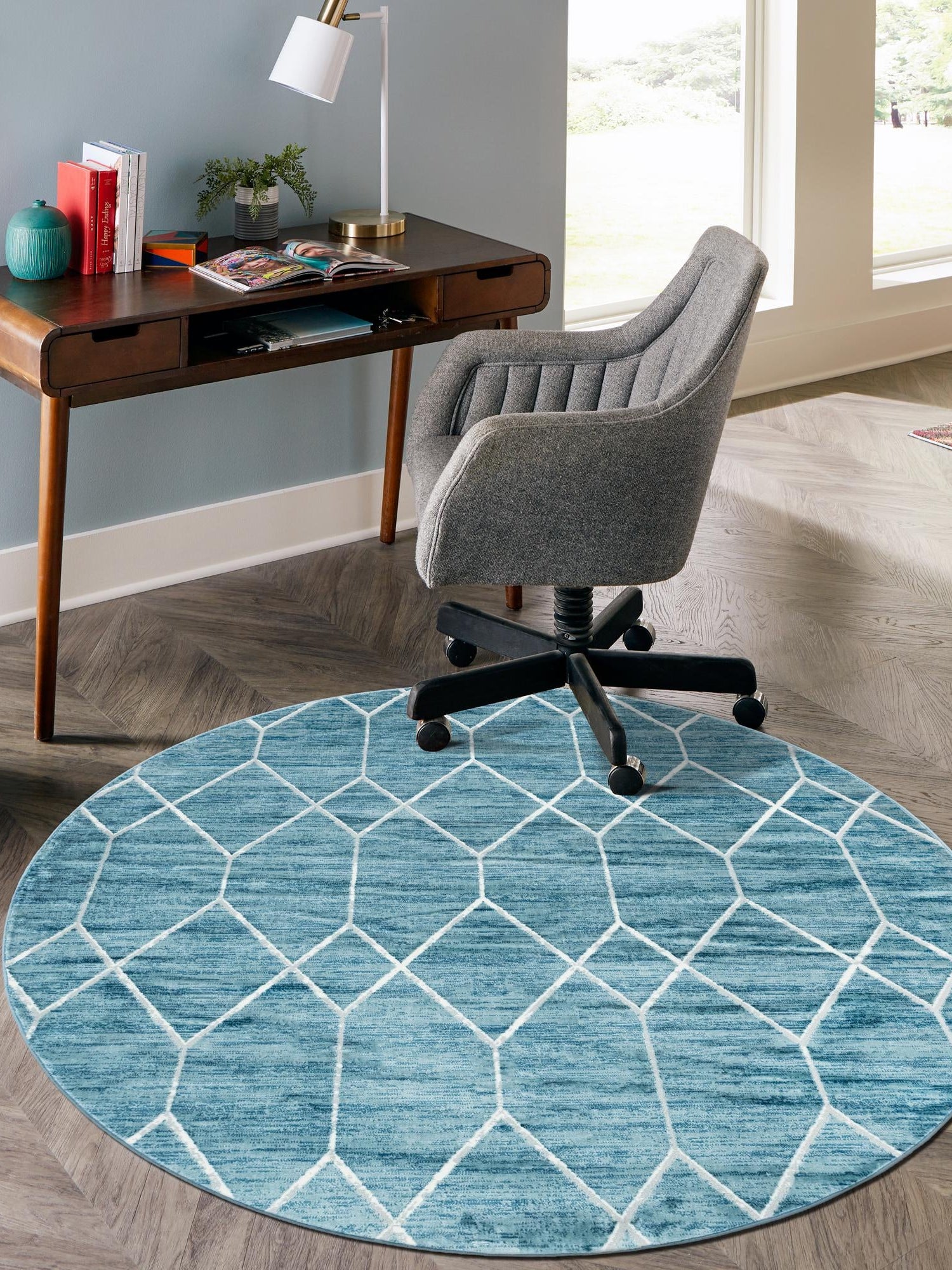 Blue 5' 1 x 5' 1 Matrix Trellis Round Area Rug 100% Polyester Geometric Pattern Modern Carpet for Living, Dining, Bedroom, Office for Sale at Rug Engine