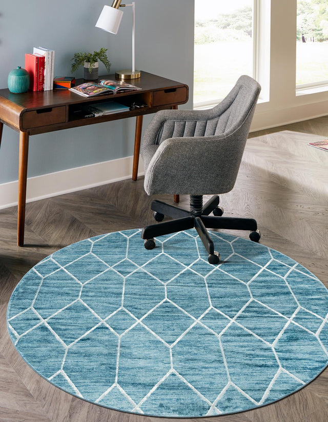 Blue 5' 1 x 5' 1 Matrix Trellis Round Area Rug 100% Polyester Geometric Pattern Modern Carpet for Living, Dining, Bedroom, Office for Sale at Rug Engine