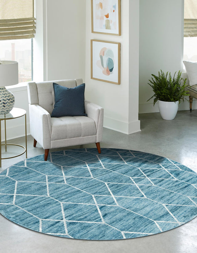 Blue 5' 1 x 5' 1 Matrix Trellis Round Area Rug 100% Polyester Geometric Pattern Modern Carpet for Living, Dining, Bedroom, Office for Sale at Rug Engine