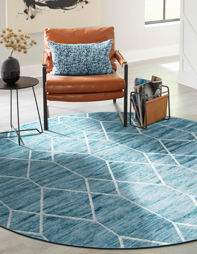 Blue 5' 1 x 5' 1 Matrix Trellis Round Area Rug 100% Polyester Geometric Pattern Modern Carpet for Living, Dining, Bedroom, Office for Sale at Rug Engine