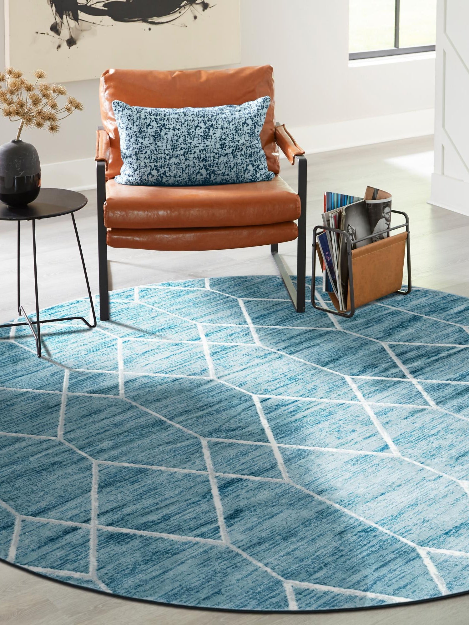 Blue 8' x 8' Matrix Trellis Round Area Rug 100% Polyester Geometric Pattern Modern Carpet for Living, Dining, Bedroom, Office for Sale at Rug Engine