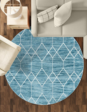 Blue 5' 1 x 5' 1 Matrix Trellis Round Area Rug 100% Polyester Geometric Pattern Modern Carpet for Living, Dining, Bedroom, Office for Sale at Rug Engine