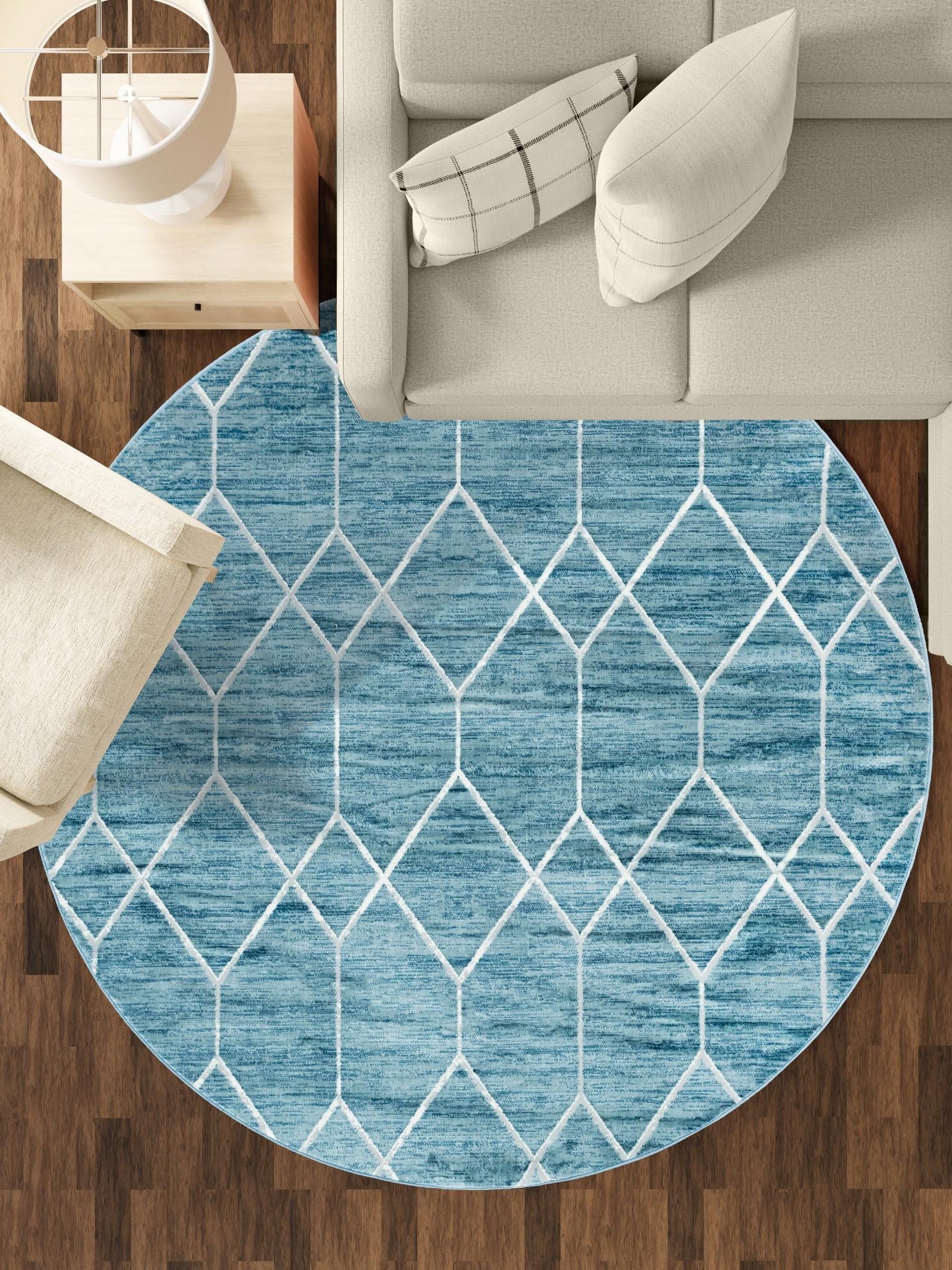 Blue 8' x 8' Matrix Trellis Round Area Rug 100% Polyester Geometric Pattern Modern Carpet for Living, Dining, Bedroom, Office for Sale at Rug Engine