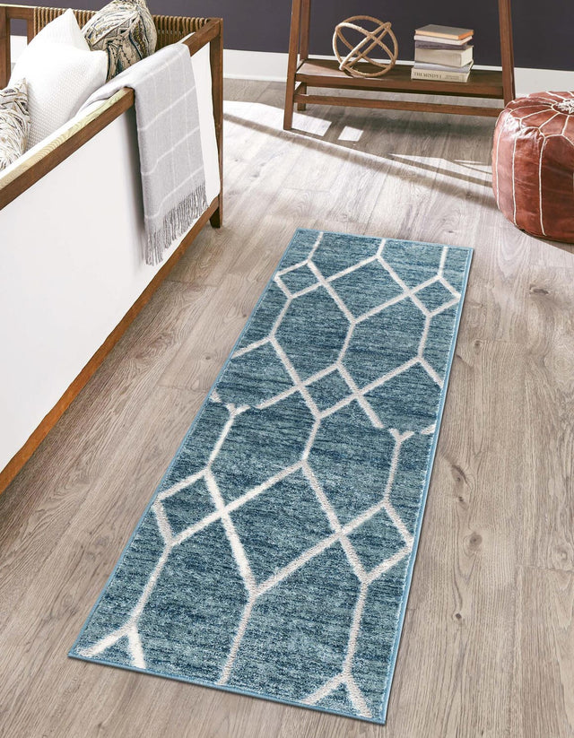 Blue 3' x 10' Matrix Trellis Runner Area Rug 100% Polyester Geometric Pattern Modern Carpet for Living, Dining, Bedroom, Office for Sale at Rug Engine
