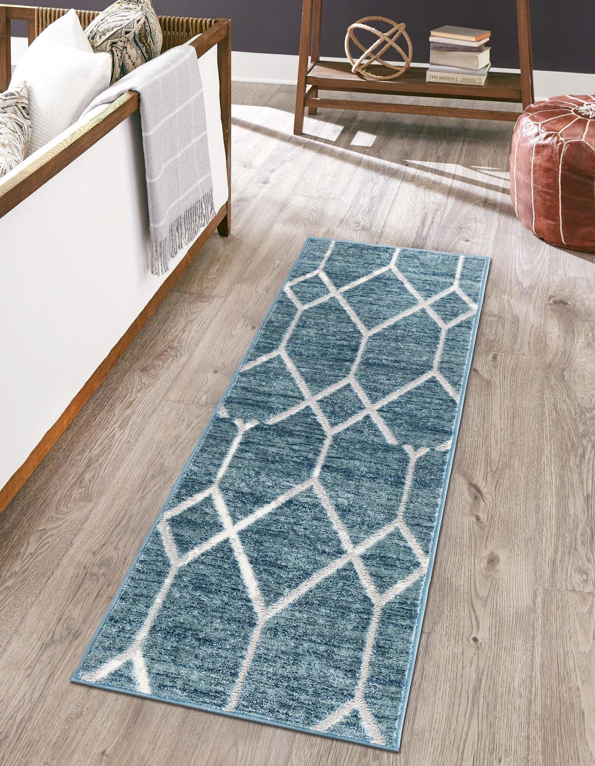 Blue 2' 7 x 13' Matrix Trellis Runner Area Rug 100% Polyester Geometric Pattern Modern Carpet for Living, Dining, Bedroom, Office for Sale at Rug Engine