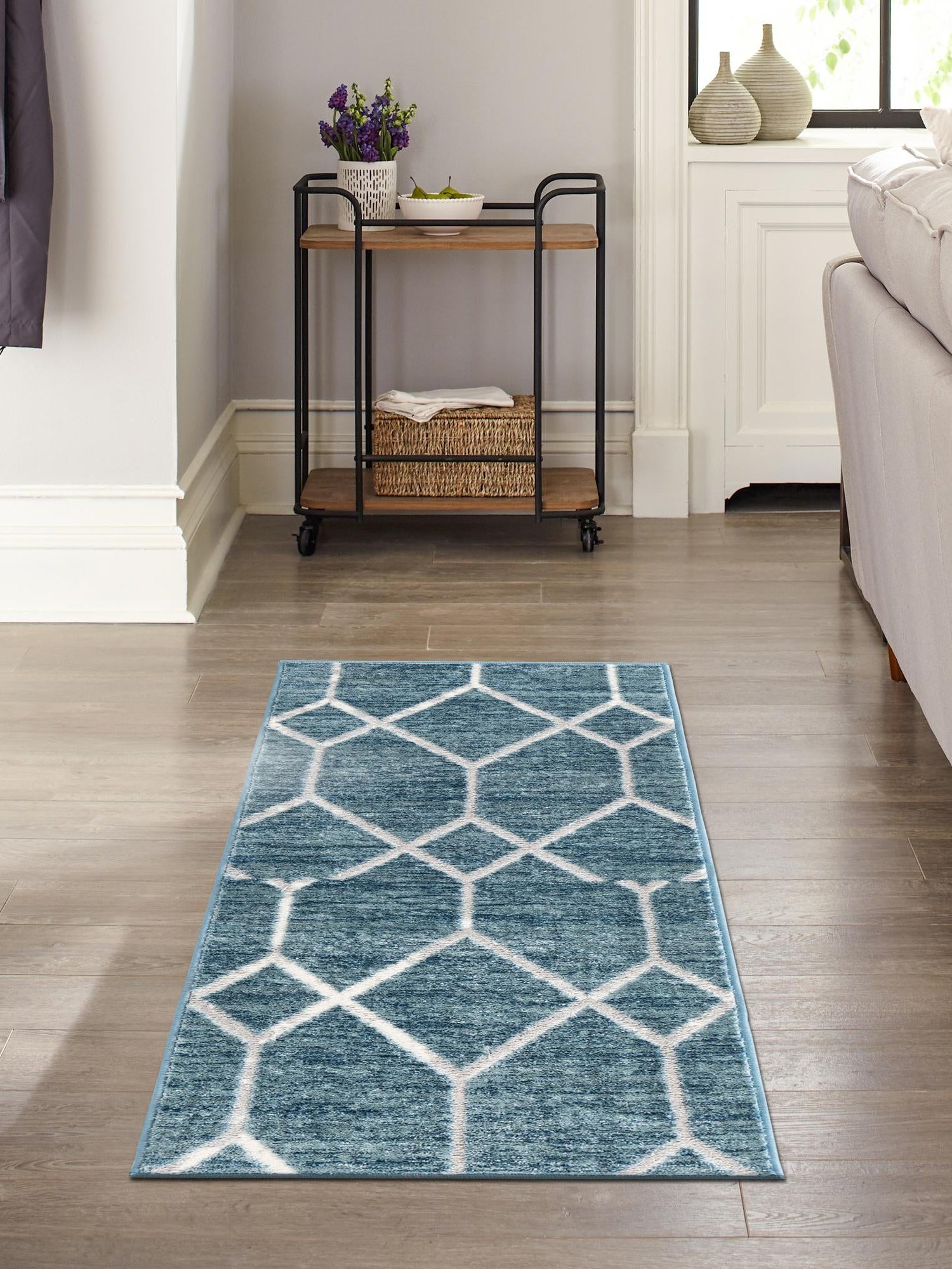 Blue 3' x 10' Matrix Trellis Runner Area Rug 100% Polyester Geometric Pattern Modern Carpet for Living, Dining, Bedroom, Office for Sale at Rug Engine