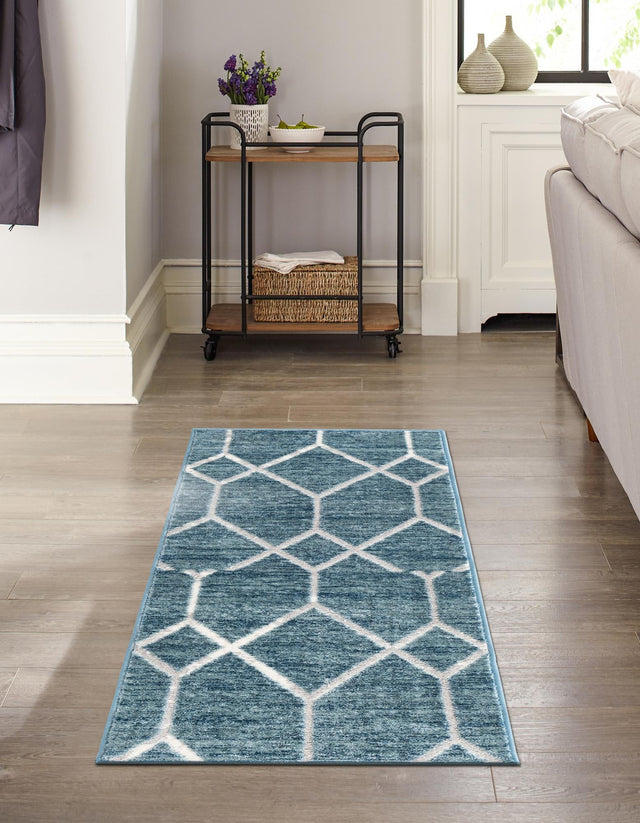Blue 2' 7 x 16' 5 Matrix Trellis Runner Area Rug 100% Polyester Geometric Pattern Modern Carpet for Living, Dining, Bedroom, Office for Sale at Rug Engine