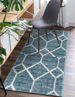 Blue 2' 7 x 16' 5 Matrix Trellis Runner Area Rug 100% Polyester Geometric Pattern Modern Carpet for Living, Dining, Bedroom, Office for Sale at Rug Engine