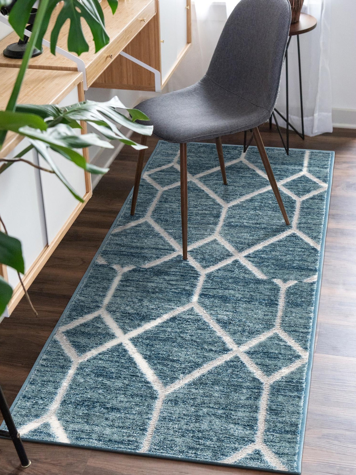 Blue 2' 7 x 13' Matrix Trellis Runner Area Rug 100% Polyester Geometric Pattern Modern Carpet for Living, Dining, Bedroom, Office for Sale at Rug Engine
